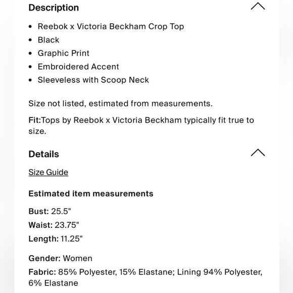 Reebok x Victoria Beckham Graphic Print Scoop Neck Crop Top XS Black Sportsbra - Picture 4 of 6